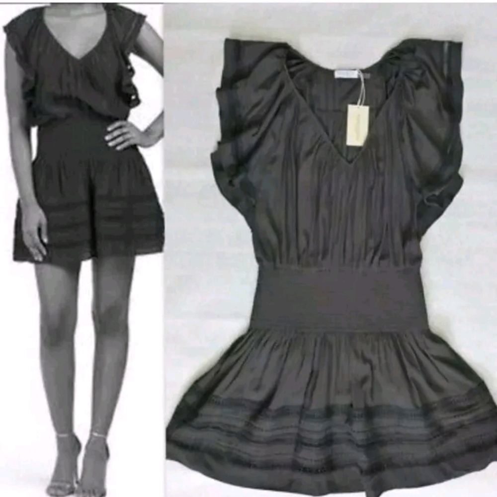 NWT  Ramy Brook Teresa Dress Short Sleeve Smocked Black $445